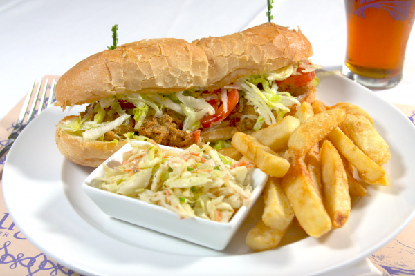 Crawfish Po' boy, fries and coleslaw.