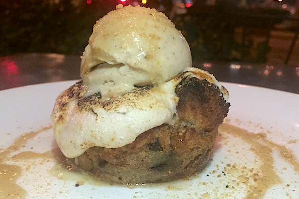 S'mores bread pudding is a tapas-sized tower of decadence with a house-made marshmallow and banana ice cream on top.
