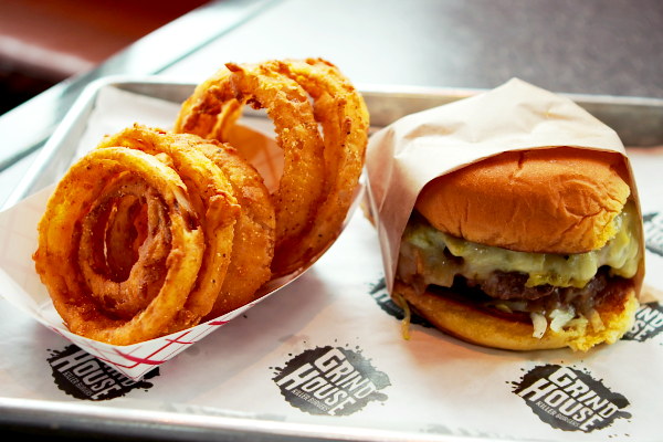 Apache Burger with Onion Rings at Grindhouse