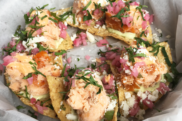 totopos chips topped with smoked salamon from Pure Taqueria 