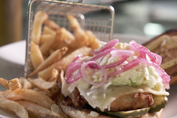 Southern Chicken Sandwich with fries from Sports and Social 