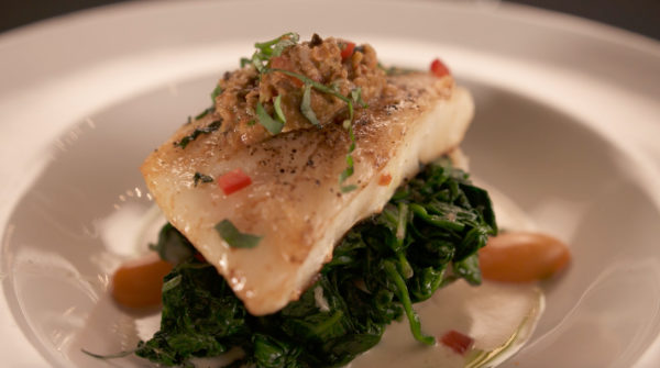 Seabass Florentine with whipped potatoes and sautéed spinach from Petite Violette