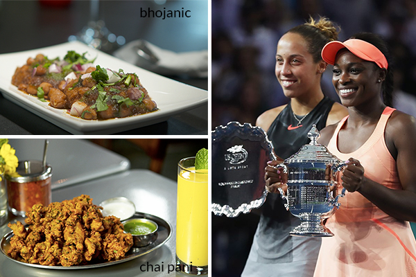 A composite image of Sloane Stephens and Madison Keys with dishes from Chai Pani and Bhojanic