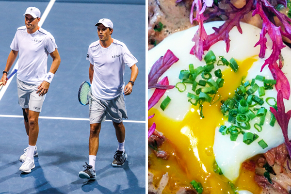 A composite of tennis players the Bryan Brothers and a dish from Foundation Social Eatery