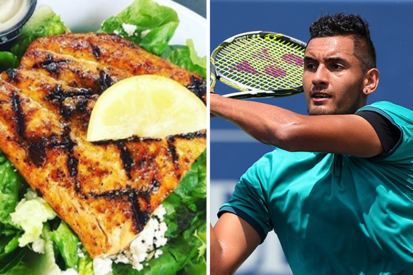 a composite of a dish from Taziki's Mediterranean Cafe and Nick Kyrgios