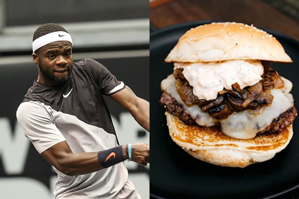 A composite of Frances Tiafoe and a burger from FarmBurger