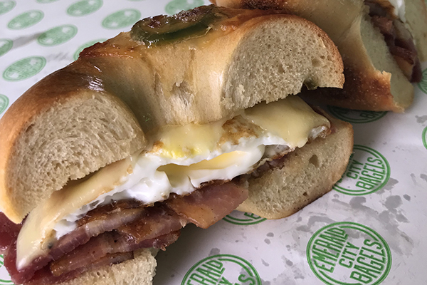 bacon, egg and cheese on a jalapeno cheese bagel