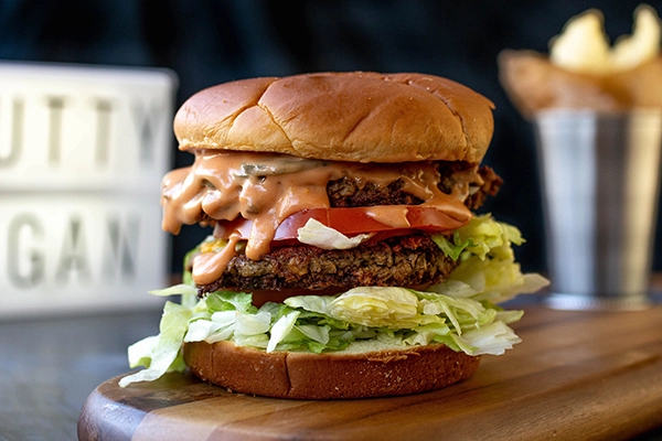 A burger from The Slutty Vegan