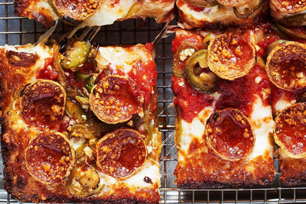 Sliced Detroit-style pizza