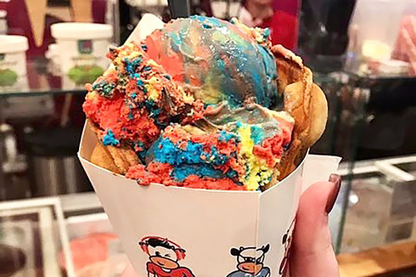 A rainbow cone from Four Fat Cows.