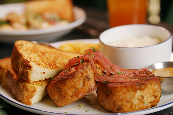 The salmon croquette and eggs from Breakfast at Barney's