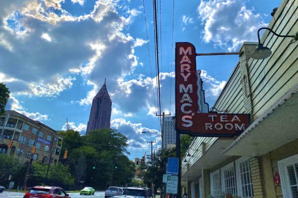 Mary Mac's Tea Room sign against a blue sky