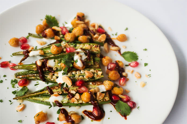 Salad with okra, chickpeas, pomegranate seeds, and more