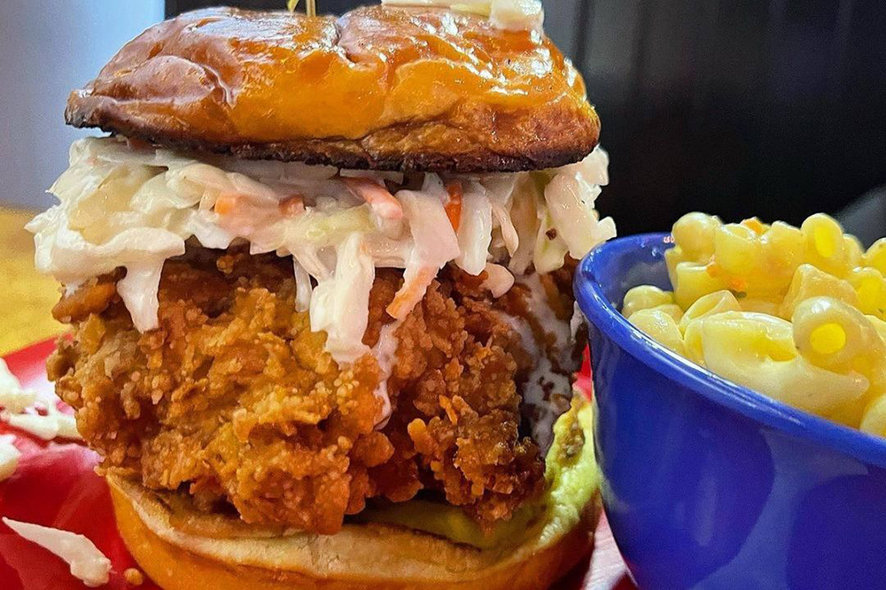 A fried chicken sandwich from Bob and Harriet's Homebar in Kirkwood