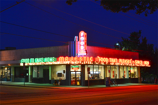 Majestic Diner lit up against a night sky