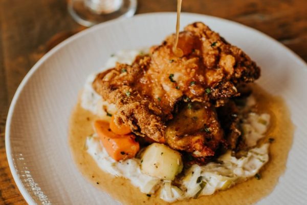 The Southern Gentleman- Buttermilk Fried Chicken with Creamed Leeks, Potatoes, and Carrots