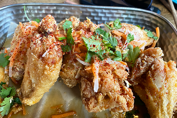 Close-up of chicken wings covered with onions, herbs, and more