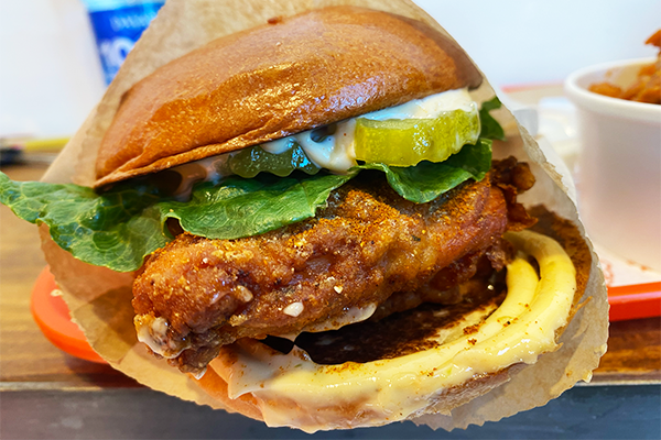 Fried chicken sandwich with tikka seasoning, mayo, pickles, and lettuce, on a bun