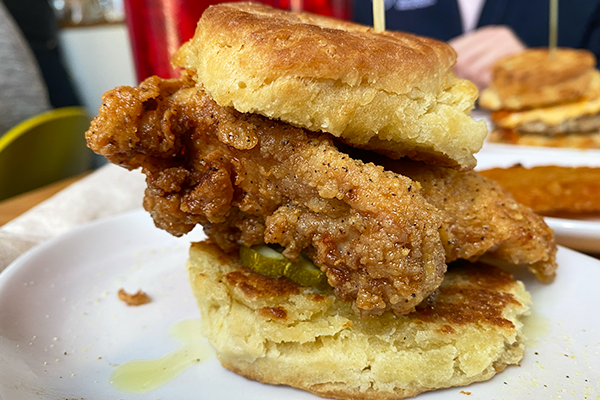 Fried chicken thigh on a biscuit sandwich with pickles