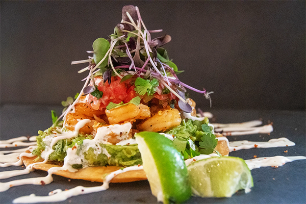 Tostada topped with guacamole, shrimp, pico, greens, and a drizzle of white crema