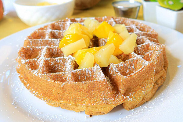 Peach waffles from Waffle Bar Chicken and Waffles, part of Southern Feedstore in East Atlanta Village.