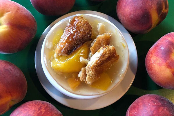 The peach cobbler from Magnolia Room Cafeteria.
