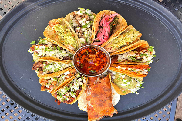 Many tacos with different fillings and toppings arranged in a circle