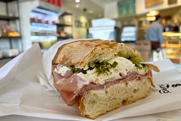 sandwich with pesto, ricotta and sopressata from pala bakery 