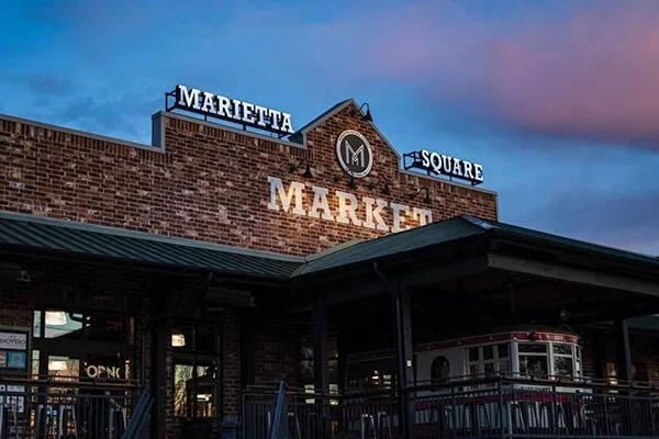 The exterior of the Marietta Square Market.