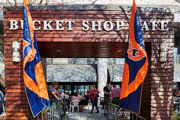 Auburn flags decorate the Bucket Shop Cafe near Lenox Mall.