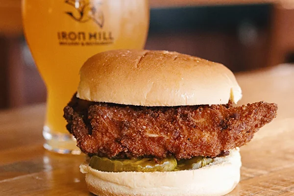 A chicken sandwich and beer from Iron Hill Brewery near Lenox Mall.