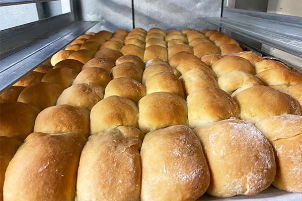 Rows of fresh yeast rolls in a tray