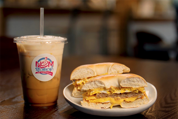 Breakfast Sandwich and iced caramel lattee from Nom Station.