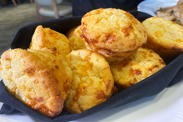 A serving of buttermilk cornbread piled into a platter