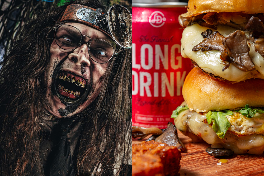 A character from Paranoia haunted house and burgers + a long drink from Community Burger in Canton, GA.