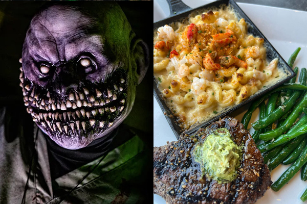 A character from Folklore Haunted House and steak + Lobster mac and cheese from 1885 Grill in Acworth, GA.