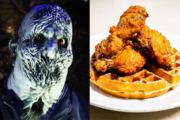 A character from Netherworld Haunted House and Chicken and Waffles from Metro Cafe Diner in Stone Mountain, GA.