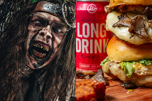 A character from Paranoia haunted house and burgers + a long drink from Community Burger in Canton, GA.