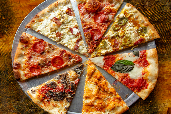 A collage of multiple slices of pizza on a silver tray